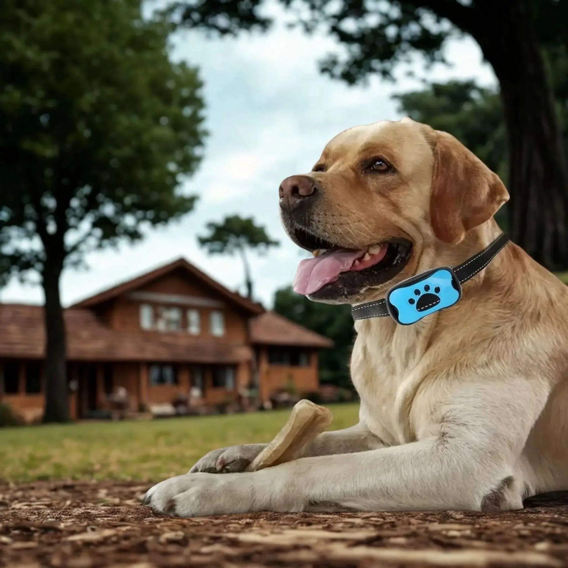 Un labrador blond avec un collier anti aboiement SilencePet. 