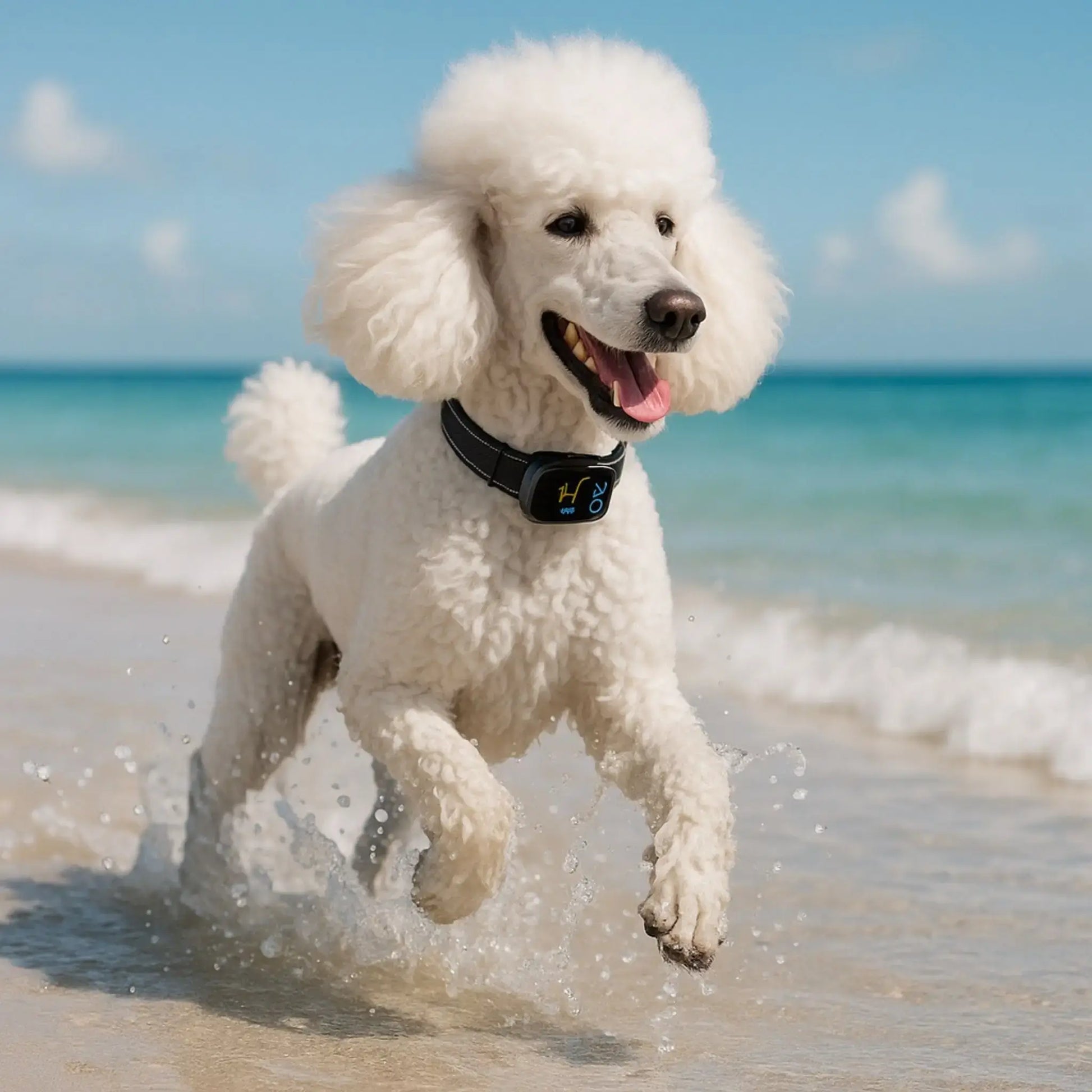 Un caniche royal blanc sur la plage avec son collier anti-aboiement.