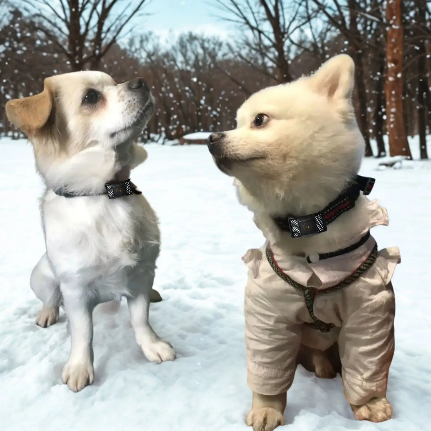 Deux petits chiens en hiver avec un collier anti-aboiement ZenWoof 