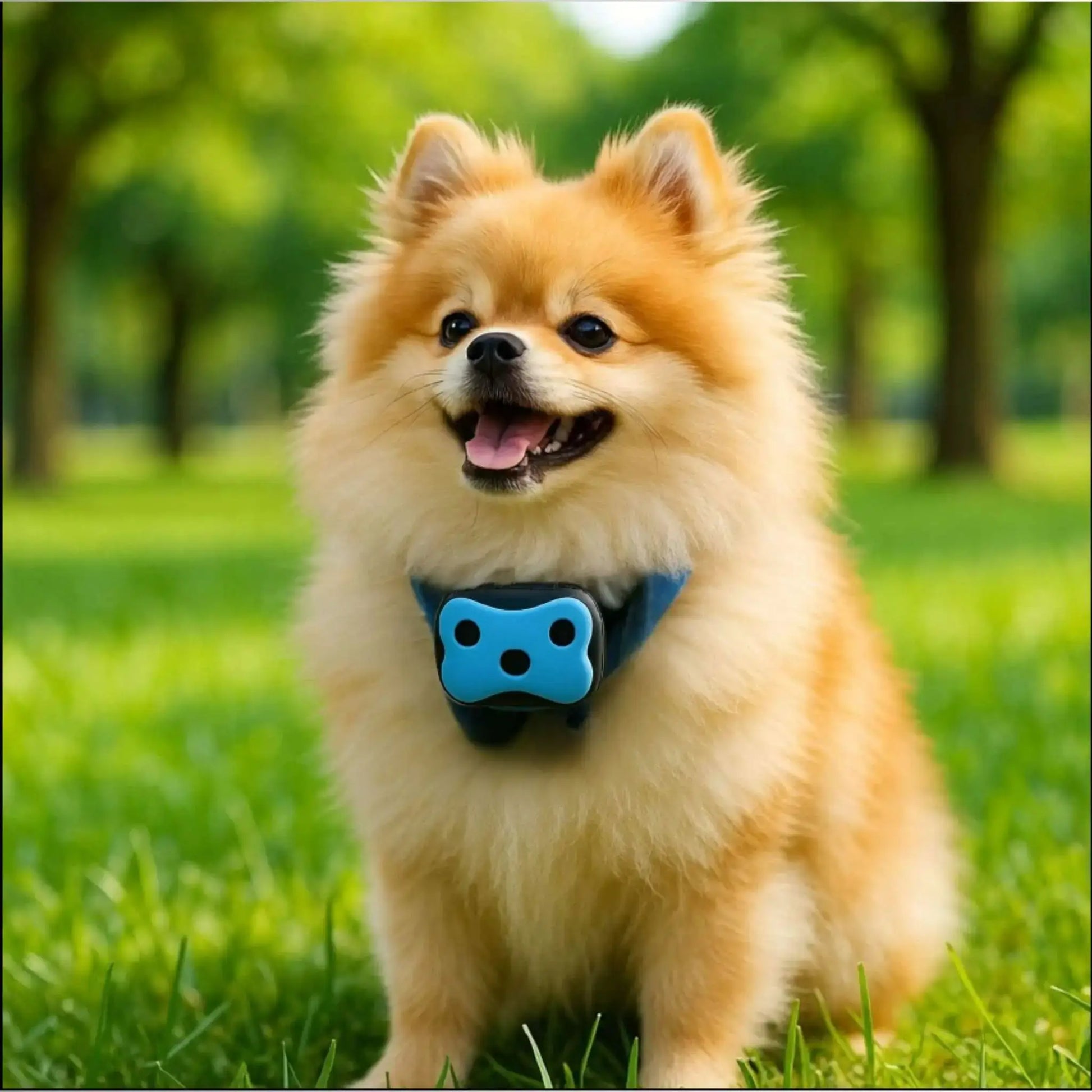Un pomeranien roux assis dans l'herbe avec un collier anti fugue chien de couleur bleue.