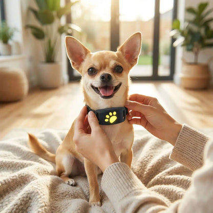 Une femme avec son chihuahua et son collier anti fugue pour chien Vigilance dans un salon