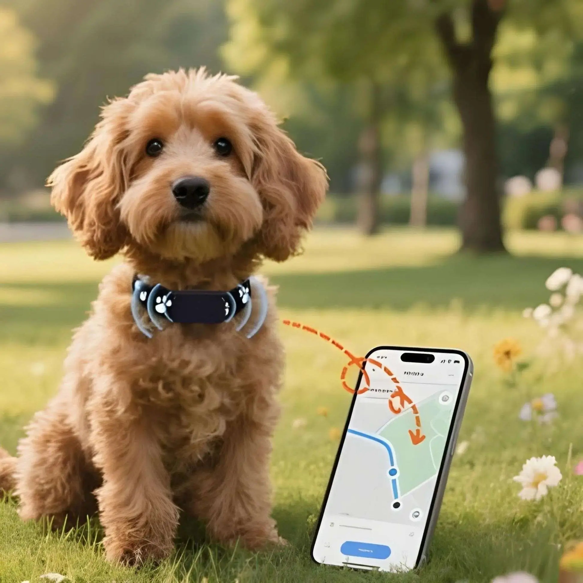 Un caniche brun avec un cellulaire qui indique l'historique du collier anti-fugue pour chien Vigilance.