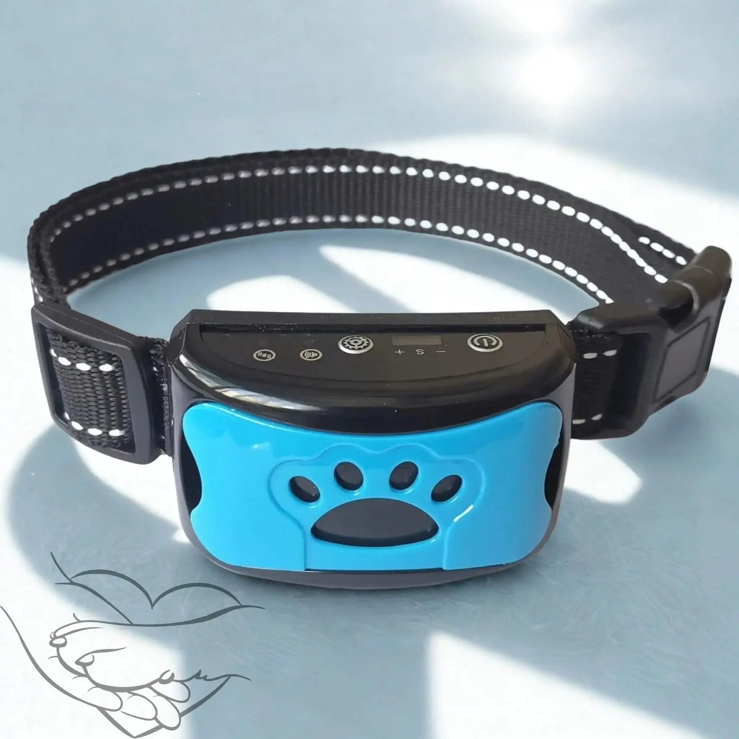 Un collier anti aboiement pour chien de couleur bleue.