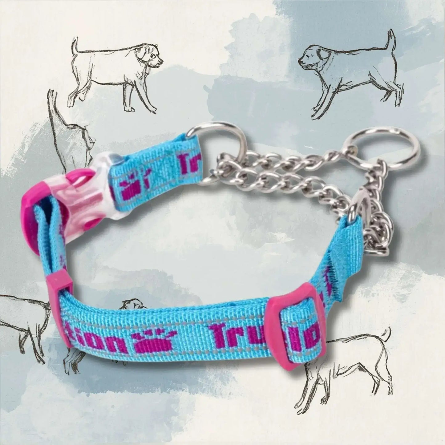 Un collier chaîne pour chien PatteSage de couleur bleue avec écriture rose.