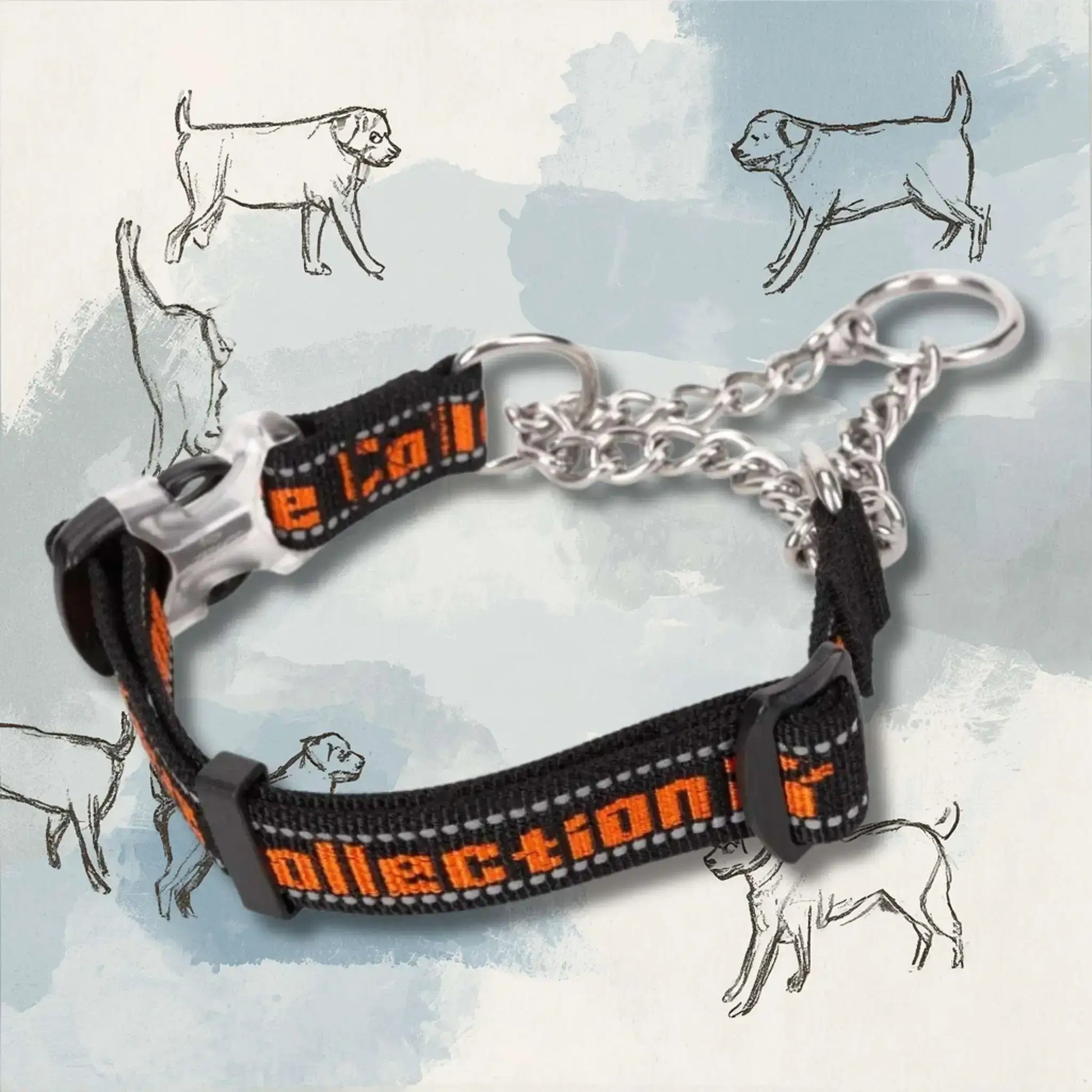 Un collier chaîne pour chien PatteSage de couleur noire avec écriture orange.