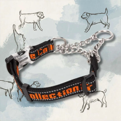 Un collier chaîne pour chien PatteSage de couleur noire avec écriture orange.