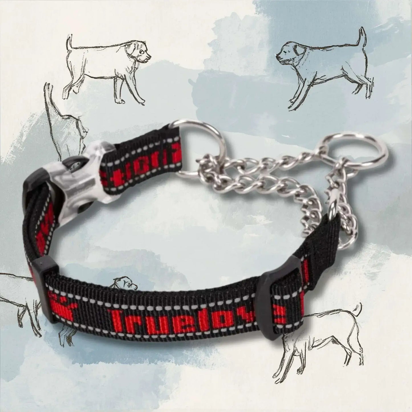Un collier chaîne pour chien PatteSage de couleur noire avec écriture rouge.
