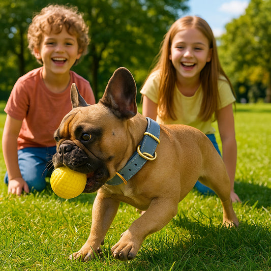 collier-chien-bouledogue-francais-enfant-joue-avec-balle-parc