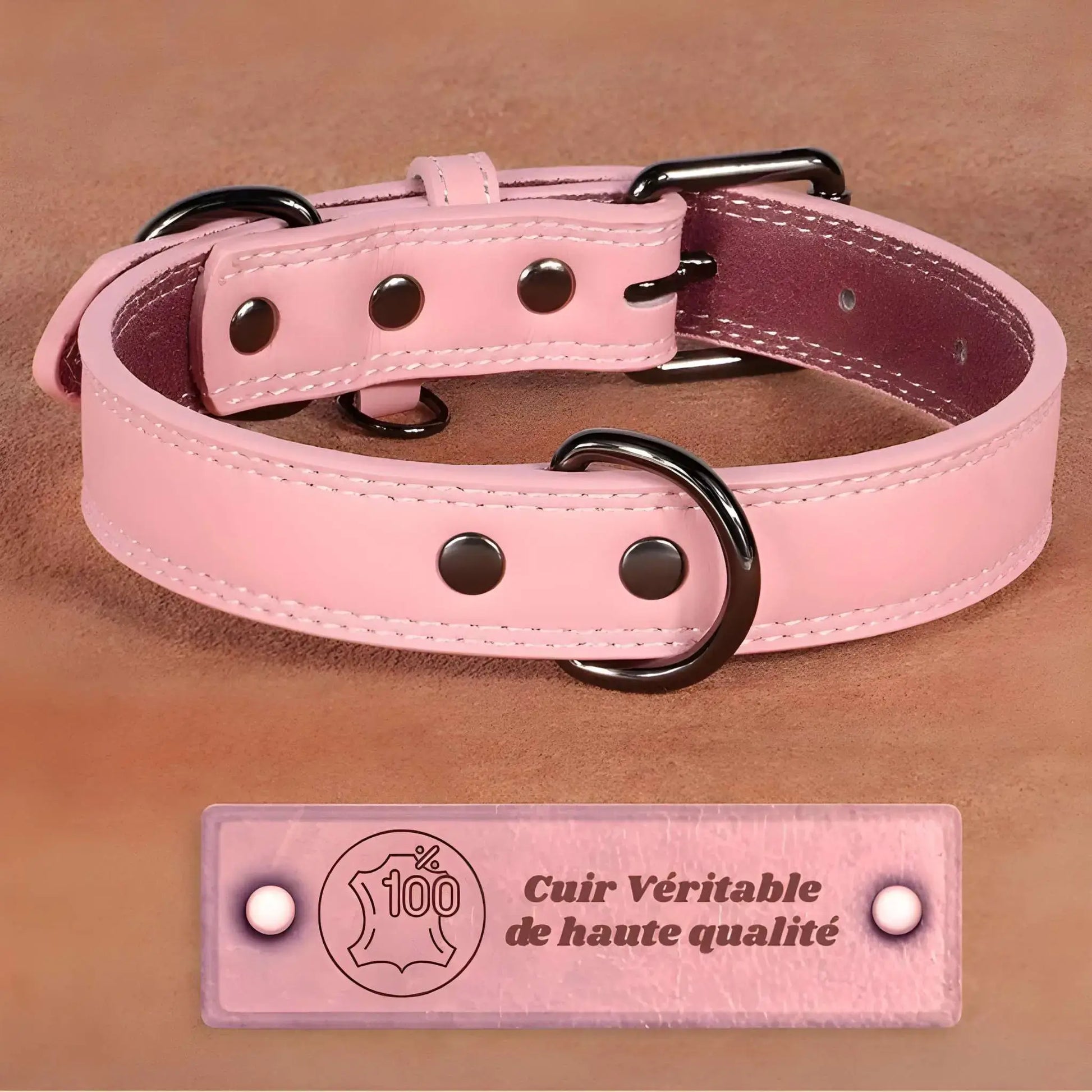 Un collier pour chien de couleur rose en cuir véritable.