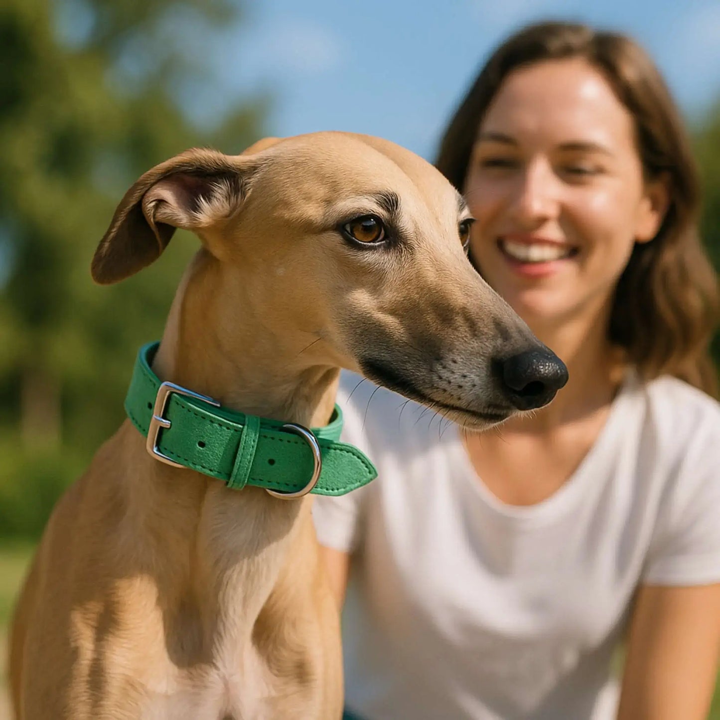 Une femme et son whippet avec son collier chien vert.
