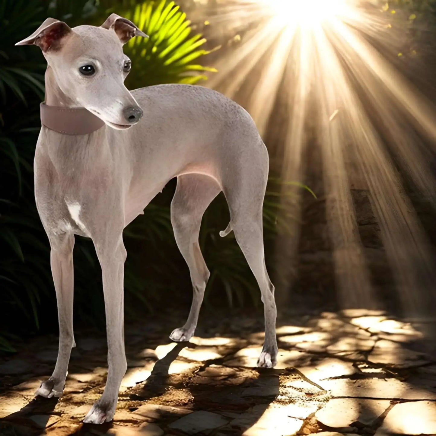 Un sighthound-debout dans des rayons de soleil avec son collier chien.
