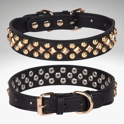 Un collier pour chien en cuir véritable noir avec rivet.