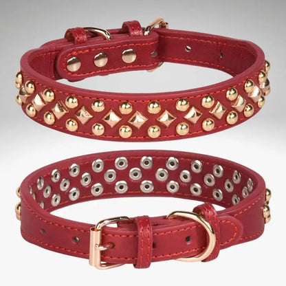 Un collier pour chien en cuir rouge avec rivets.