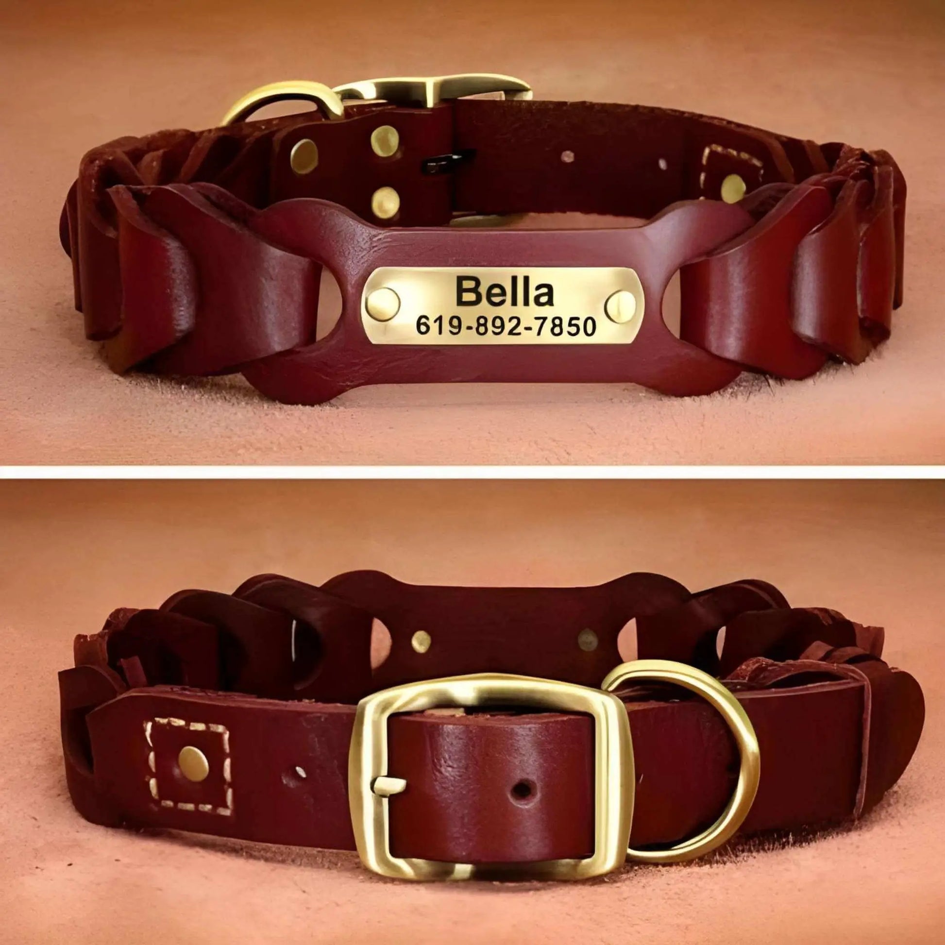 Un collier chien en cuir vu de face et de dos de couleur marron.