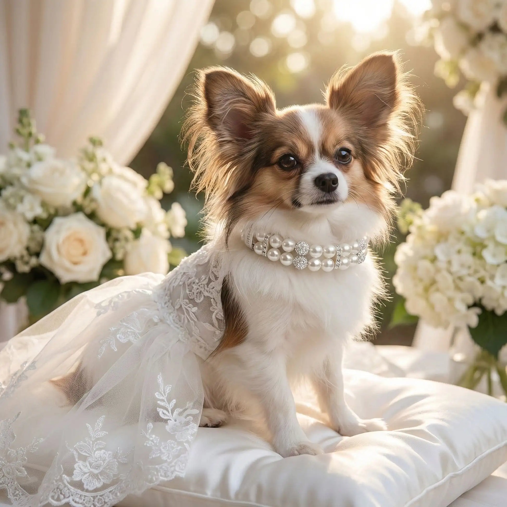 Un chihuahua papillon avec une robe pour un mariage porte un collier pour chien fantaisie Saphira blanc.