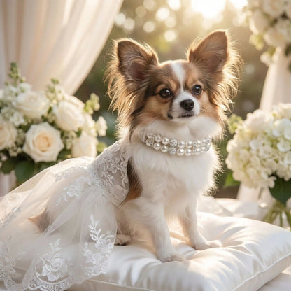 Un chihuahua papillon avec une robe pour un mariage porte un collier pour chien fantaisie Saphira blanc.