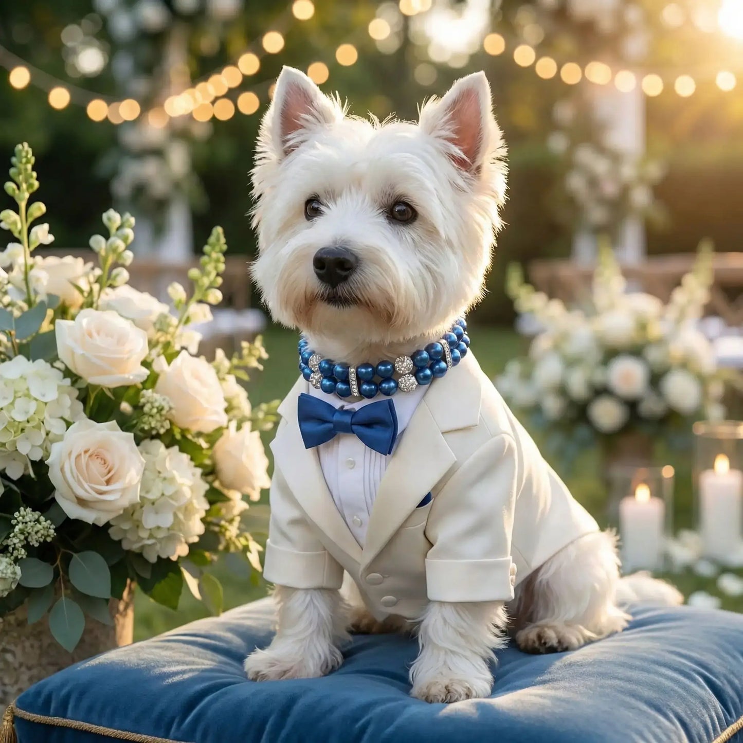 Un west highland avec un habit de mariage assis sur un coussin porte un collier pour chien fantaisie Saphira bleu.