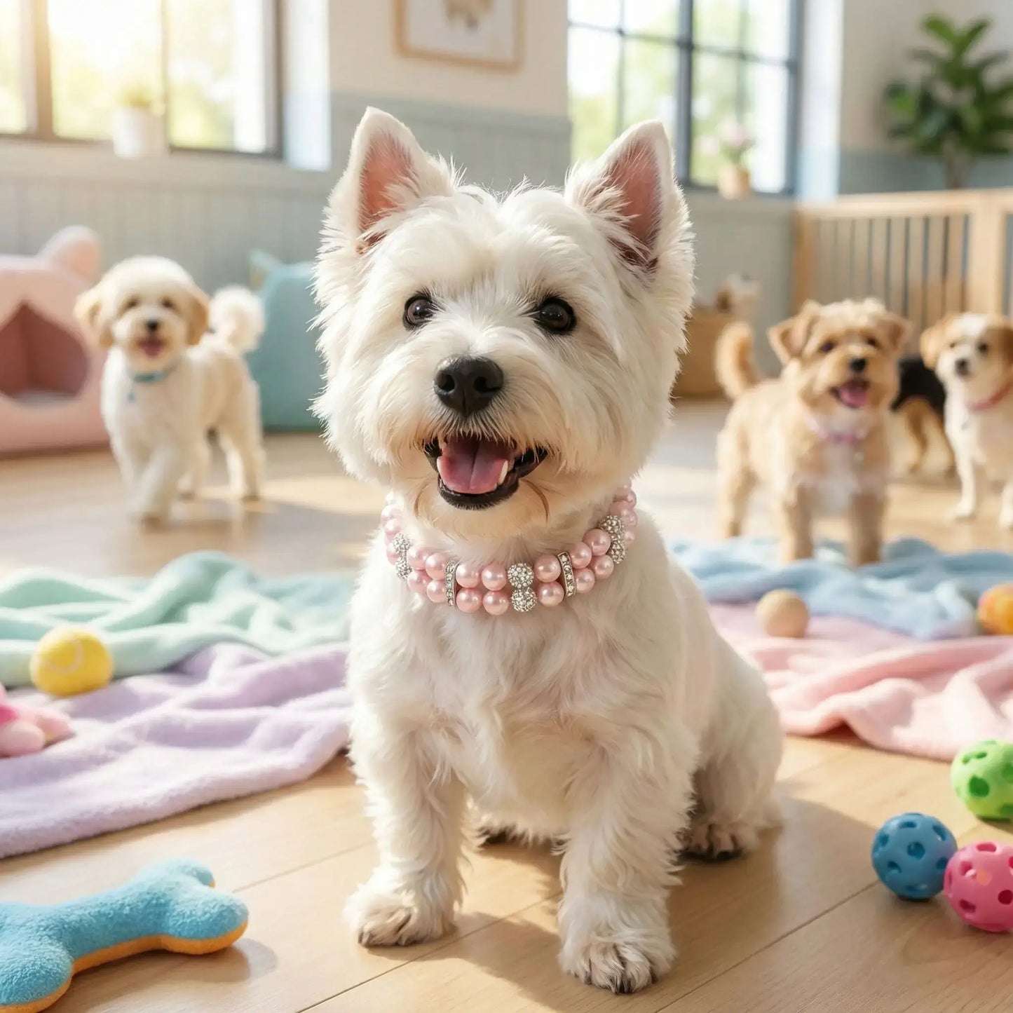 Un west highland assis dans une garderie de chiens porte le collier pour chien de fantaisie rose pâle. 