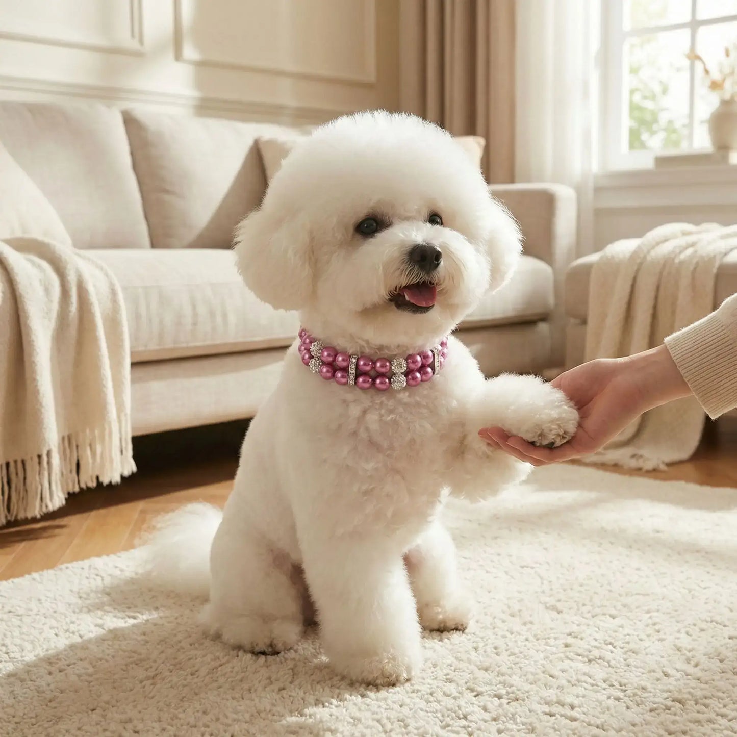 Un bichon frisé donne la patte à son maître assis dans un salon, porte un collier pour chien fantaisie Saphira rose.