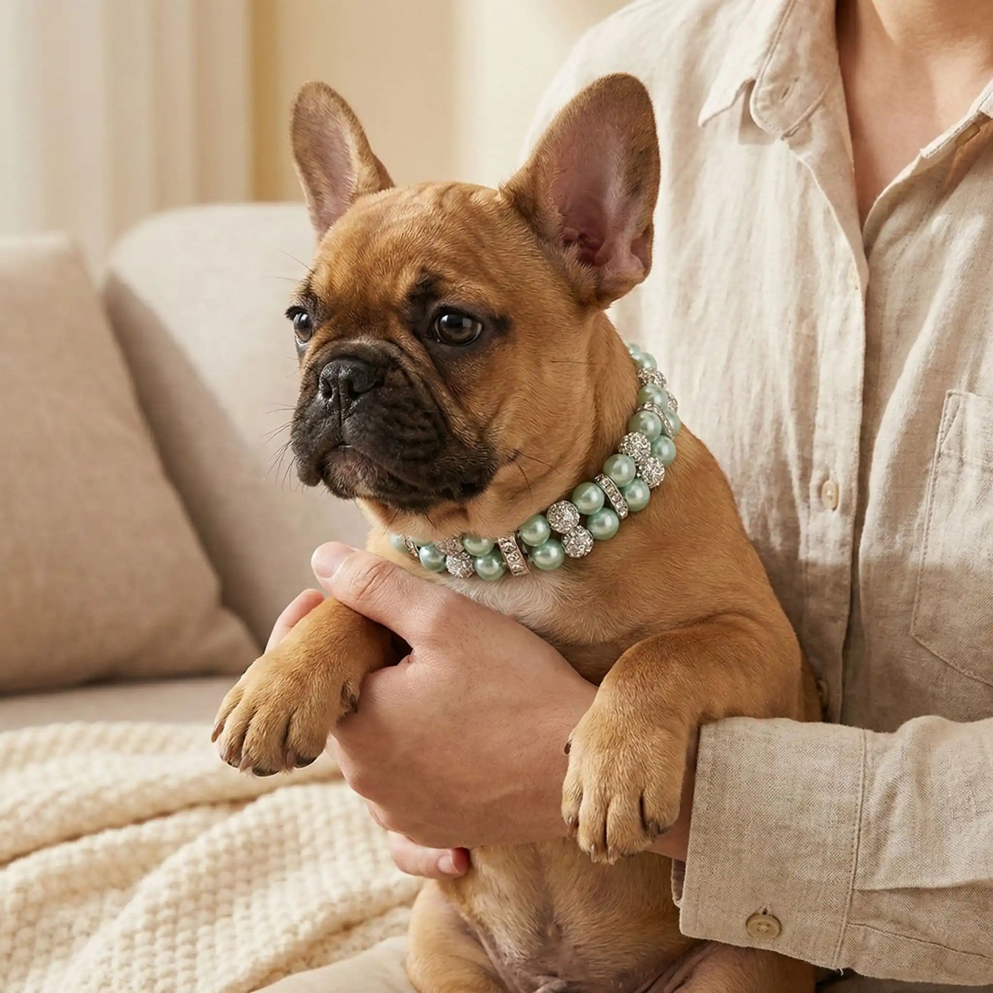 Un chiot bouledogue français assis sur les genoux de son maître porte un collier pour chien fantaisie Saphitra vert.