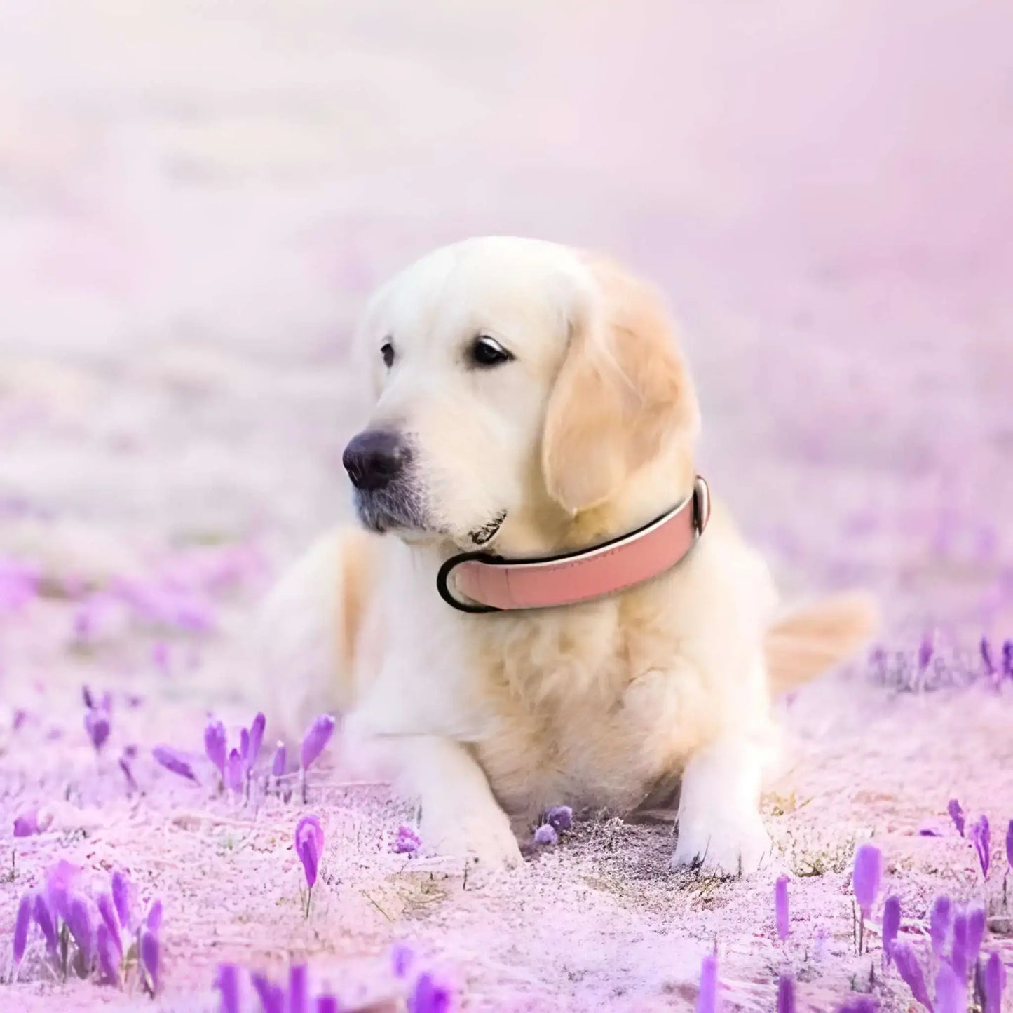 Un labrador blond couché sur des fleurs avec son collier chien Fidèlo rose.