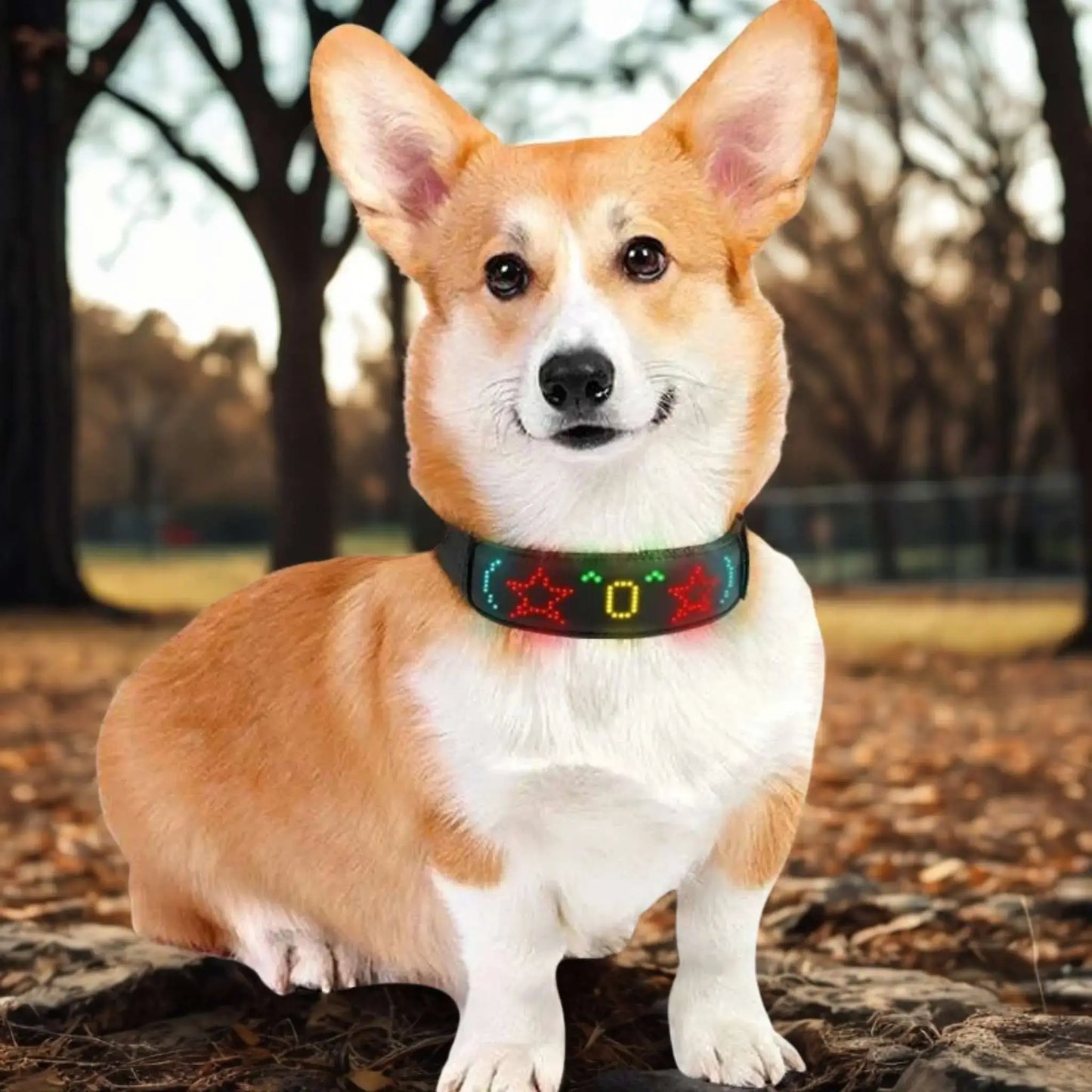 Un corgi avec un collier chien lumineux multicolore.