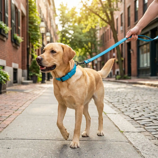 Un labrador en laisse sur le trottoir en ville porte le collier pour chien réfléchissant Flair bleu.