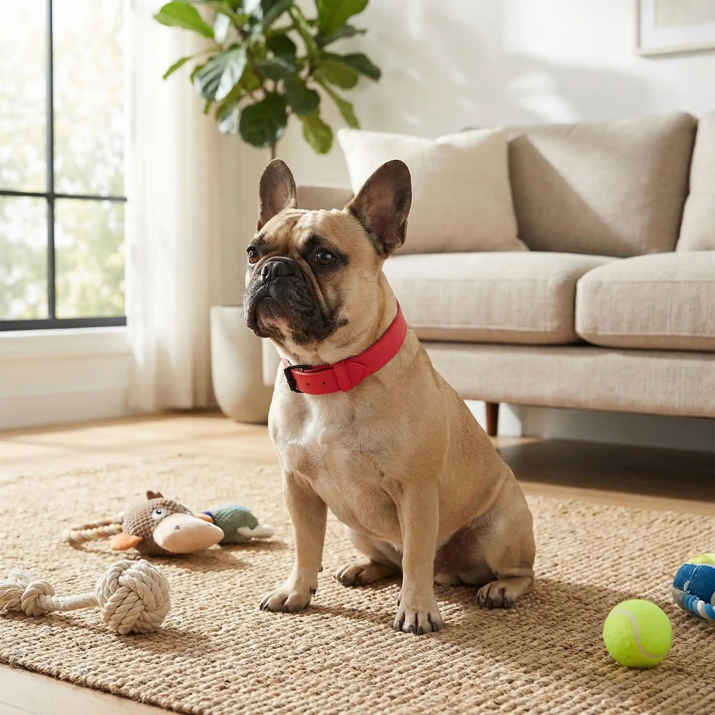 Un bouledogue français assis dans un salon avec ses jouets porte le collier pour chien réfléchissant rouge.