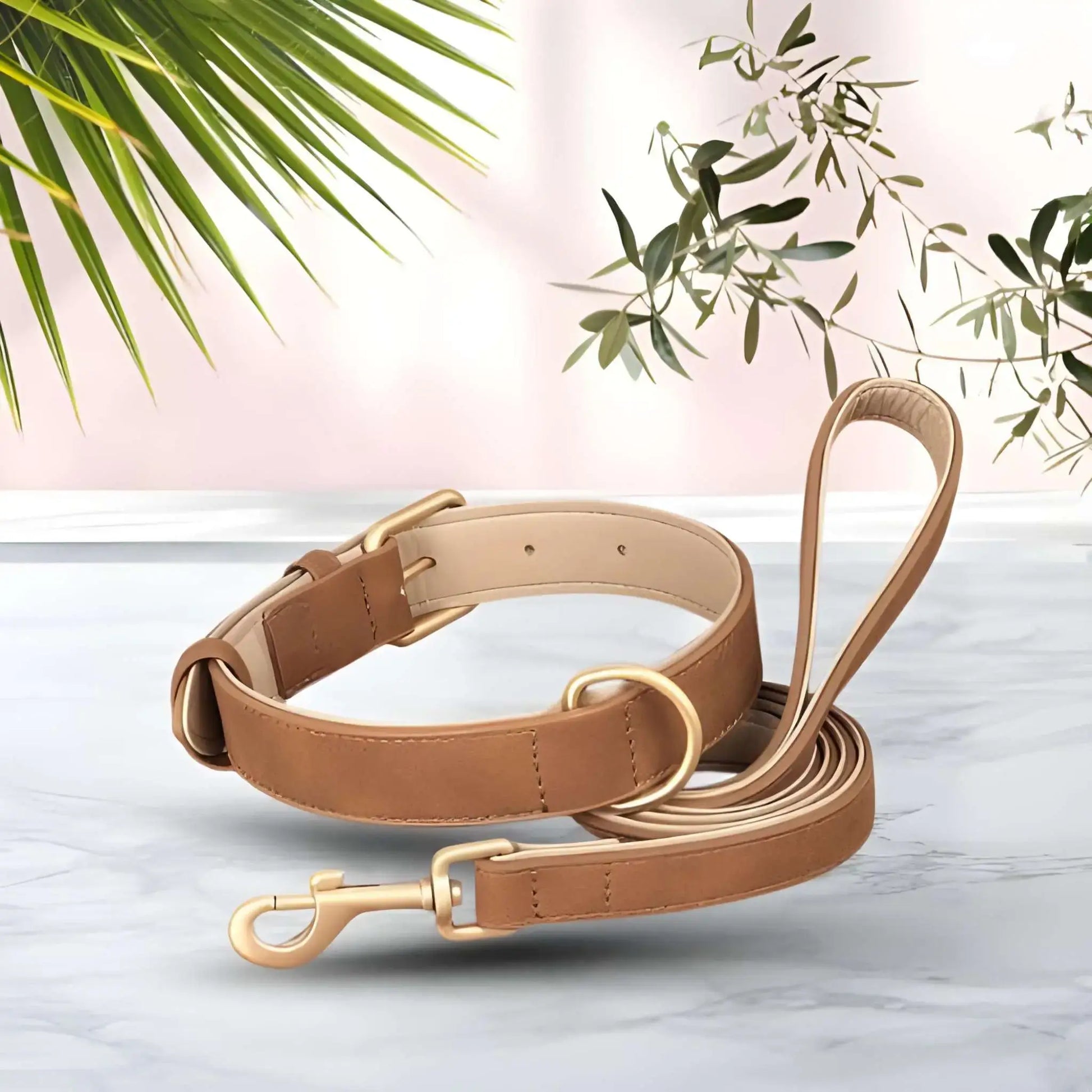 Un collier pour chien marron avec laisse assortie avec boucle sécurisée.