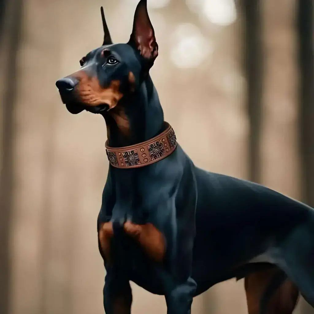 Un doberman avec un collier en cuir pour chien marron.
