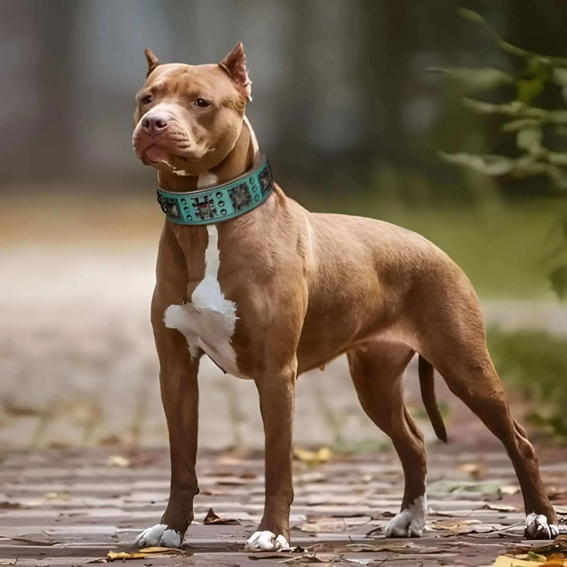 Un pitbull debout sur un trottoir avec son collier en cuir pour chien turquoise.