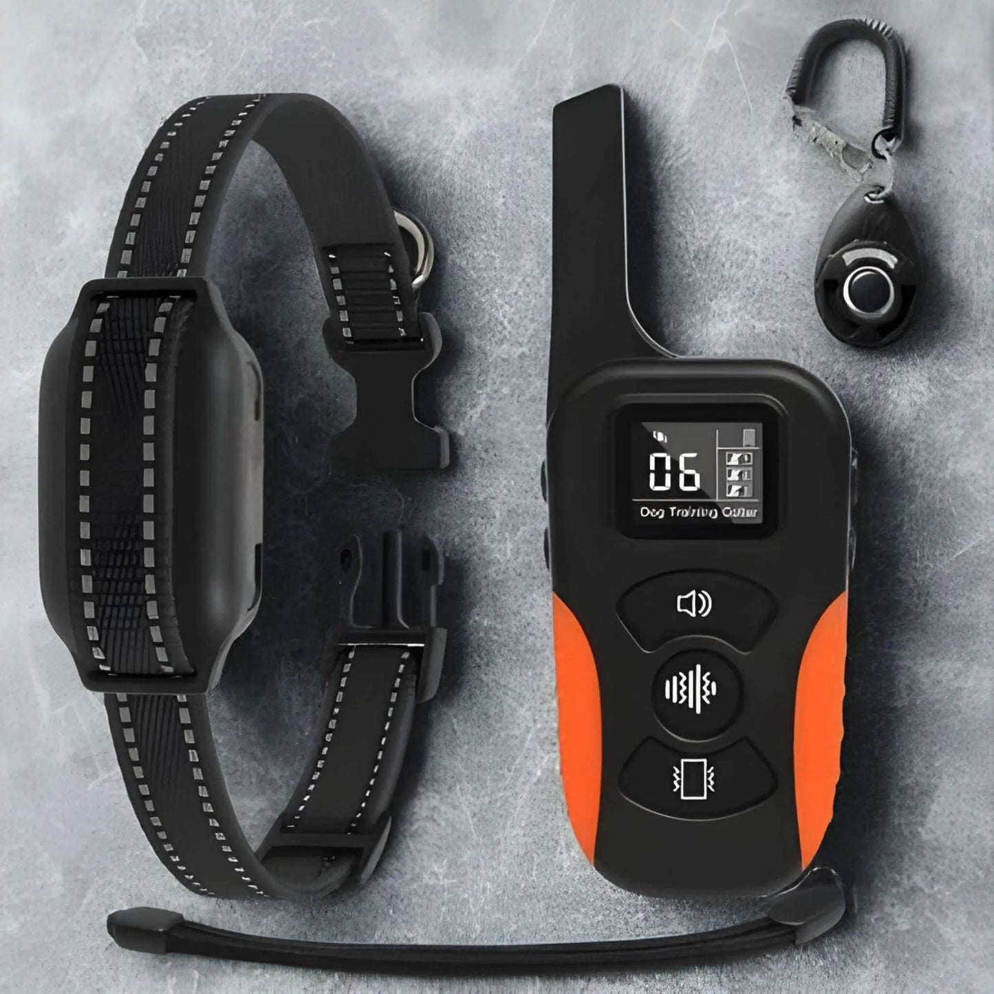 Un collier de dressage chien en nylon noir avec deux fils réfléchissants et un cliker.