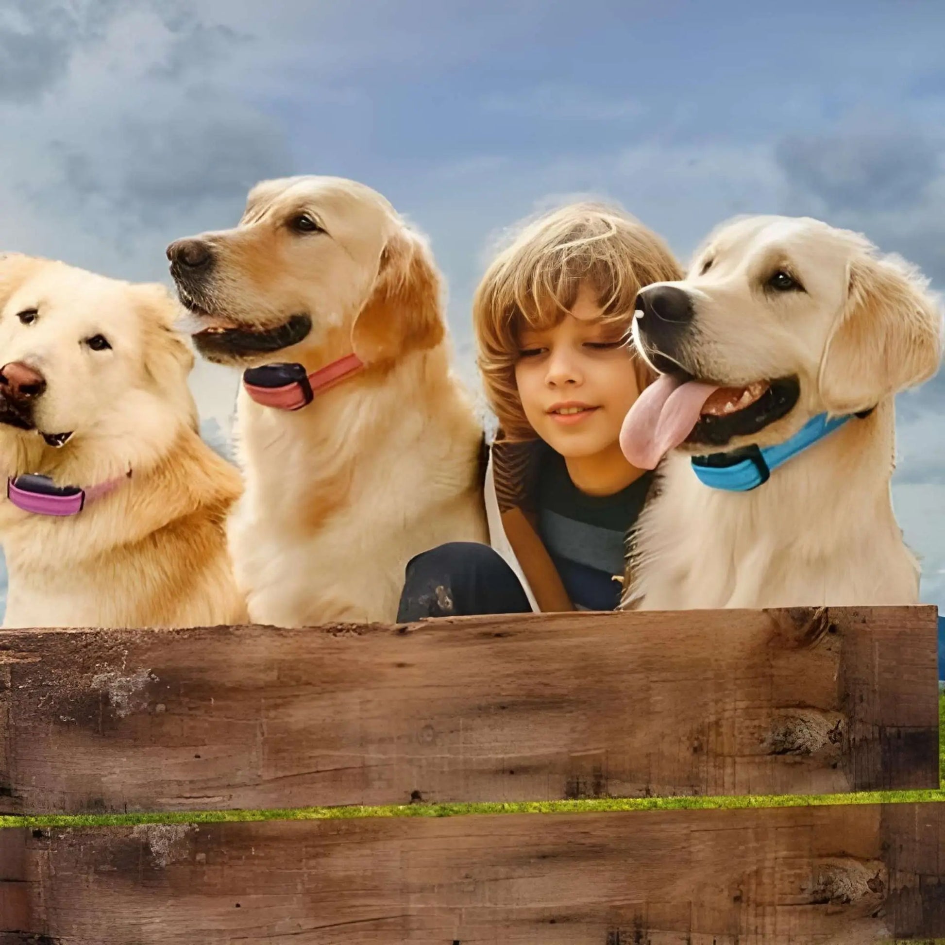 Un garçon avec trois labradors blonds avec leur collier de dressage chien