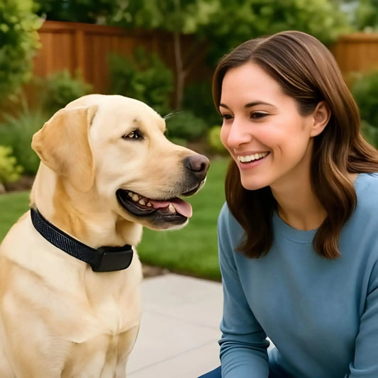 Une femme souriante regarde son labrador qui porte le collier de dressage pour chien.