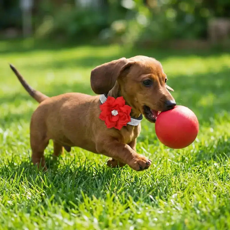 Un tickel joue avec une balle sur la pelouse avec son collier de fantaisie pour chien en strass et fleur rouge.