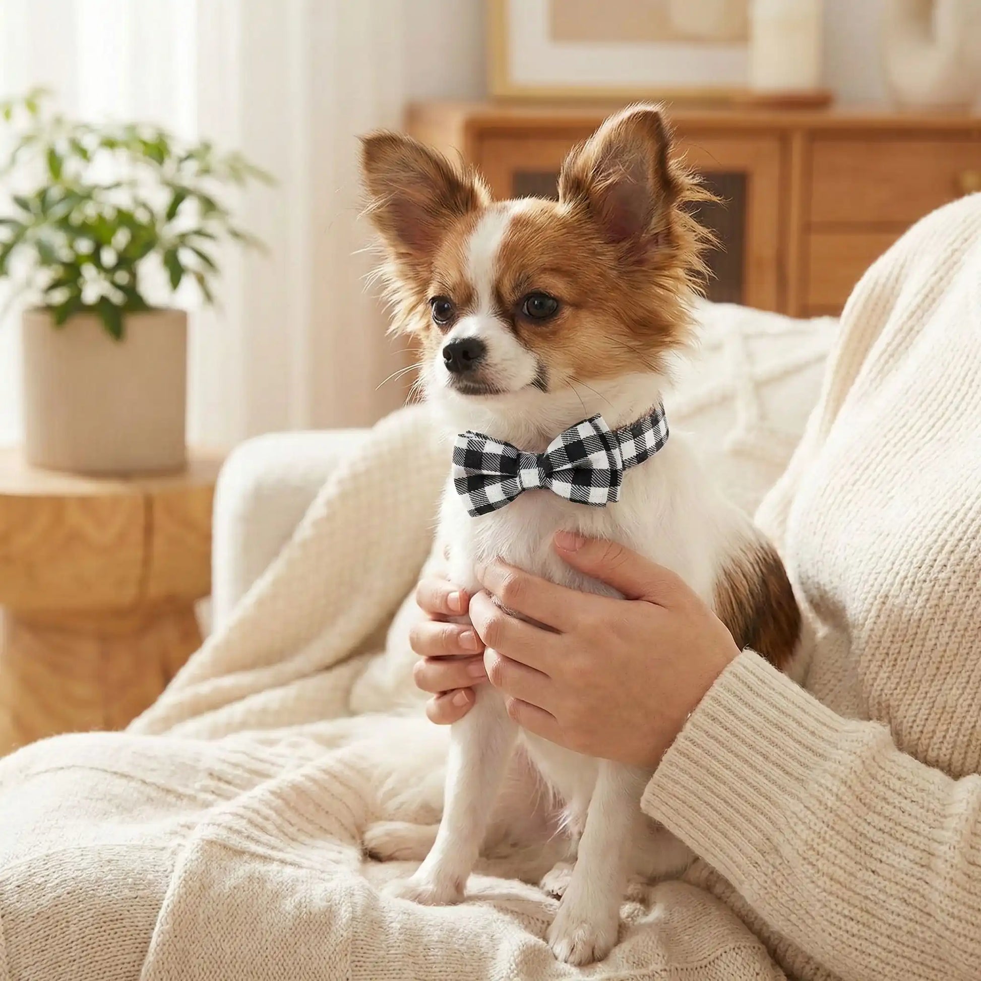 Un chihuahua papillon assis sur les genoux de sa maîtresse porte le collier de fantaisie pour chien Fidolia noir et blanc.