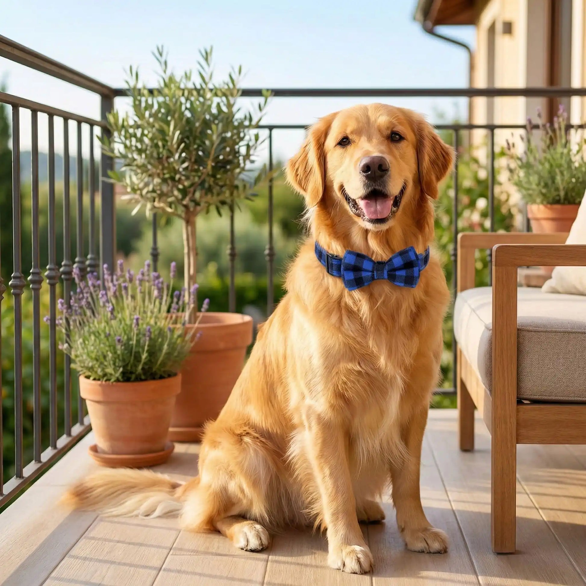 Un golden retriever assis sur un balcon porte un collier de fantaisie pour chien Fidolia bleu.