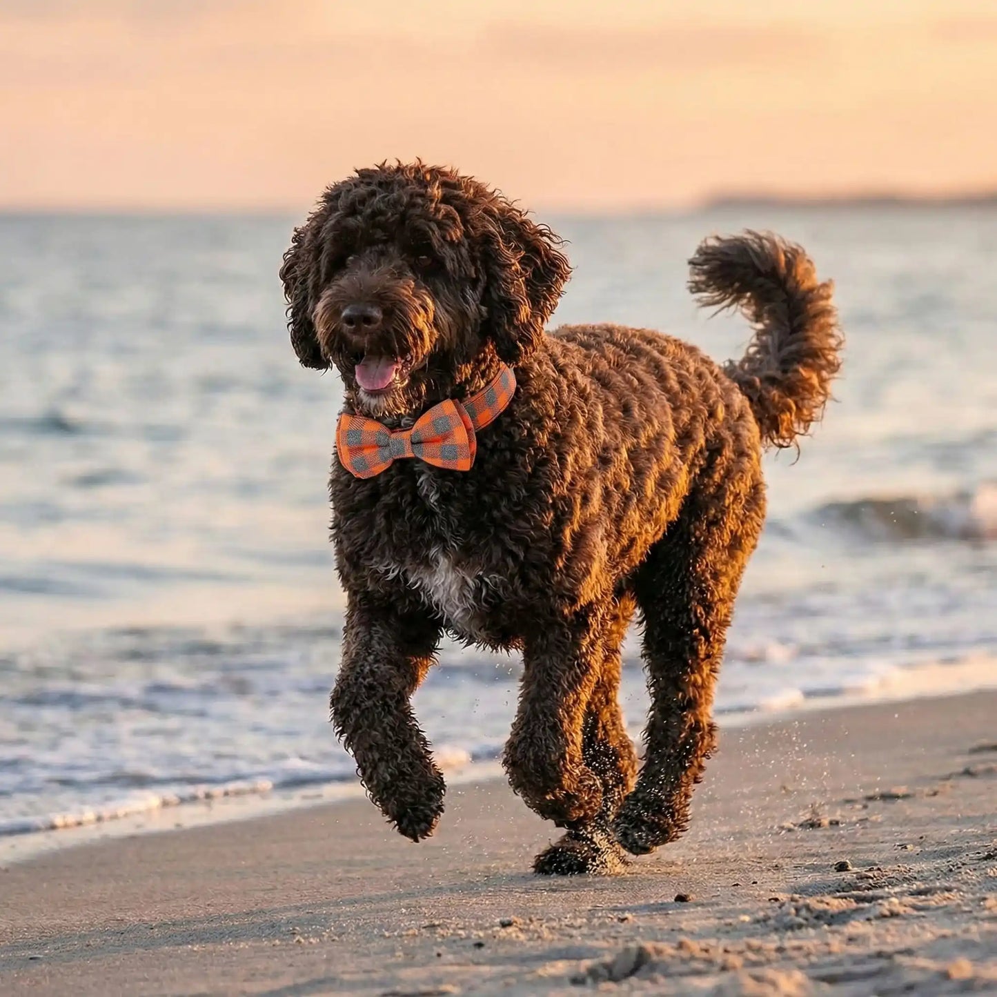Un chien d'eau portugais courant sur la plage porte le collier de fantaisie pour chien Fidolia orange.