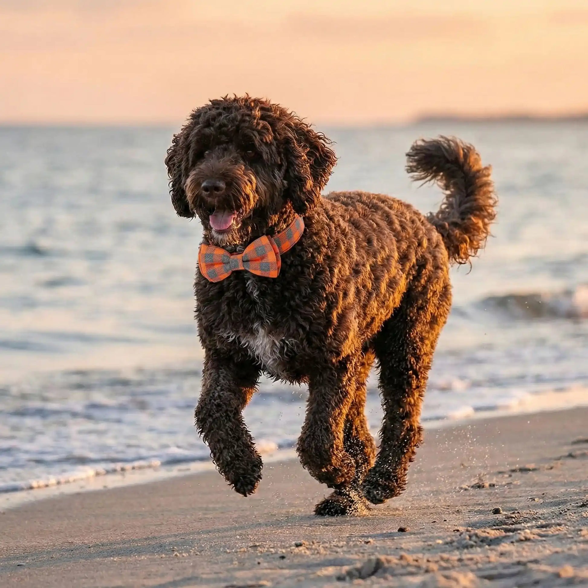 Un chien d'eau portugais courant sur la plage porte le collier de fantaisie pour chien Fidolia orange.