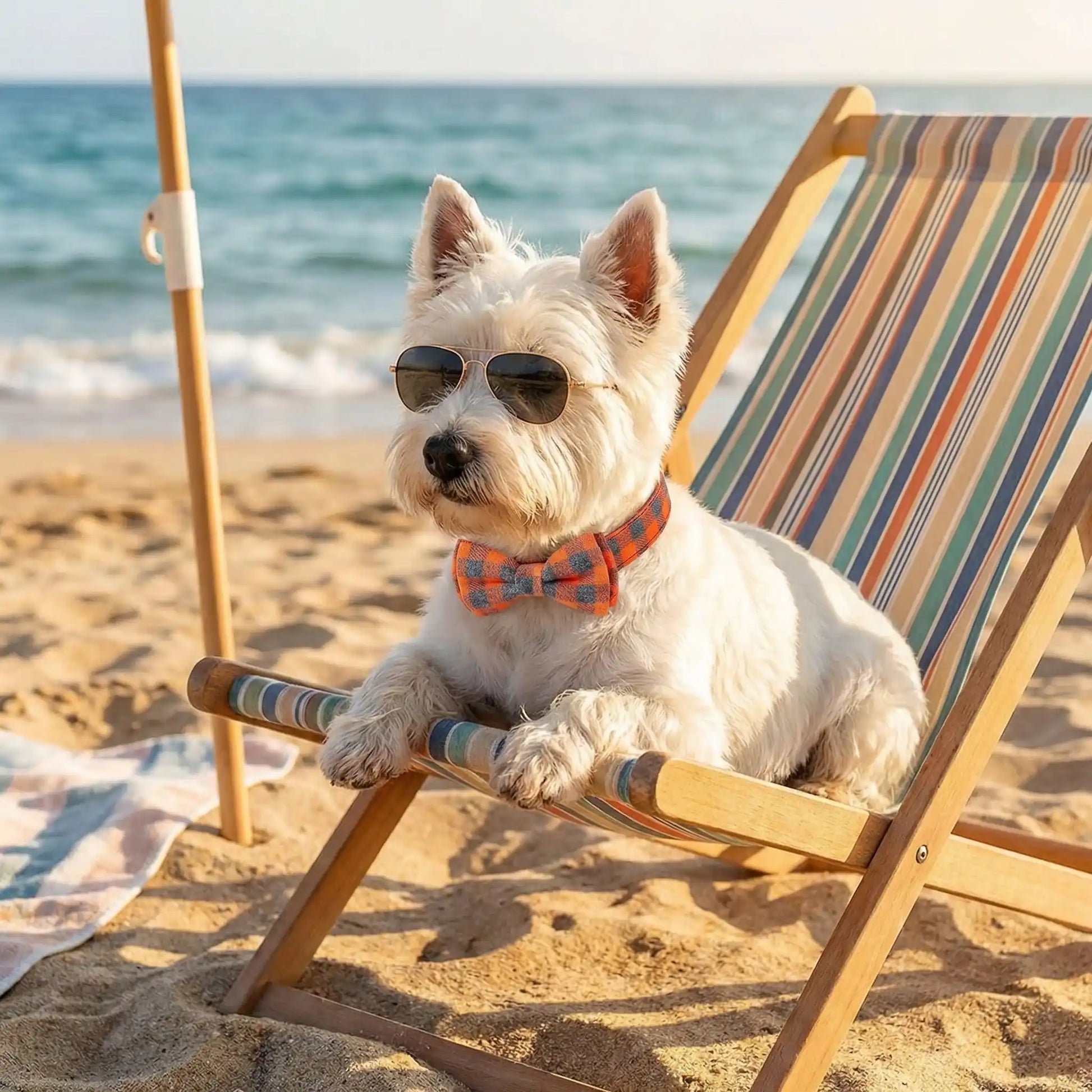 Un west highland couché sur une chaise de plage avec des lunettes de soleil porte un collier de fantaisie pour chien Fidolia orange.