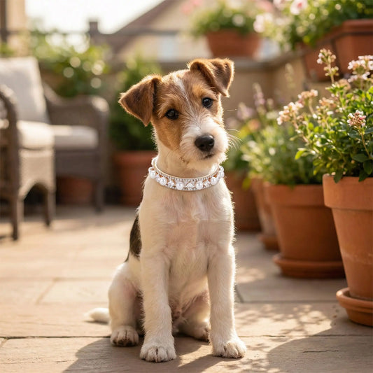Un chiot fox terrier assis sur une terrasse porte le collier de fantaisie pour petit chien Zéphyra.