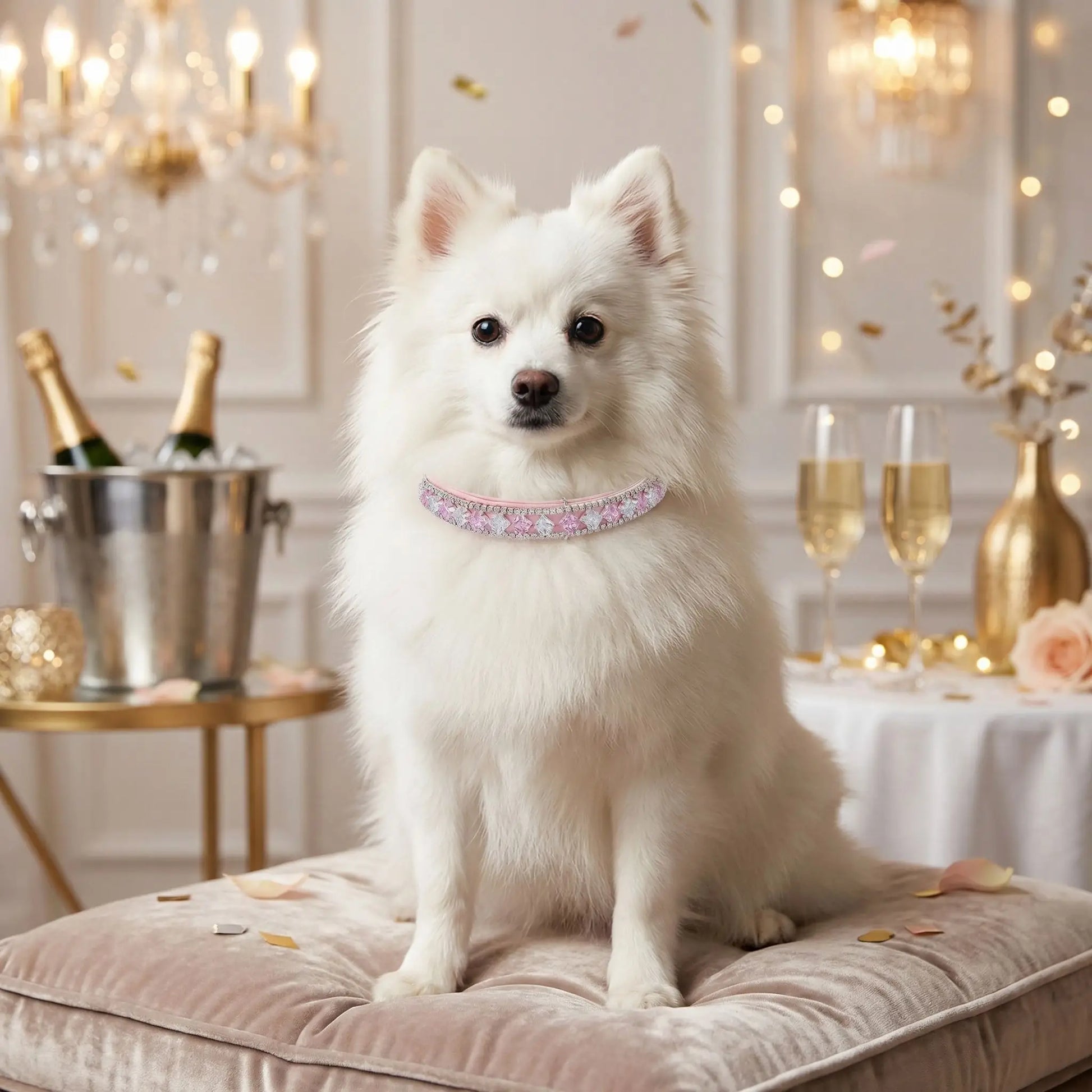 Un spitz japonais nain assis sur un coussin a un mariage avec son collier de fantaisie pour chien rose avec strass.
