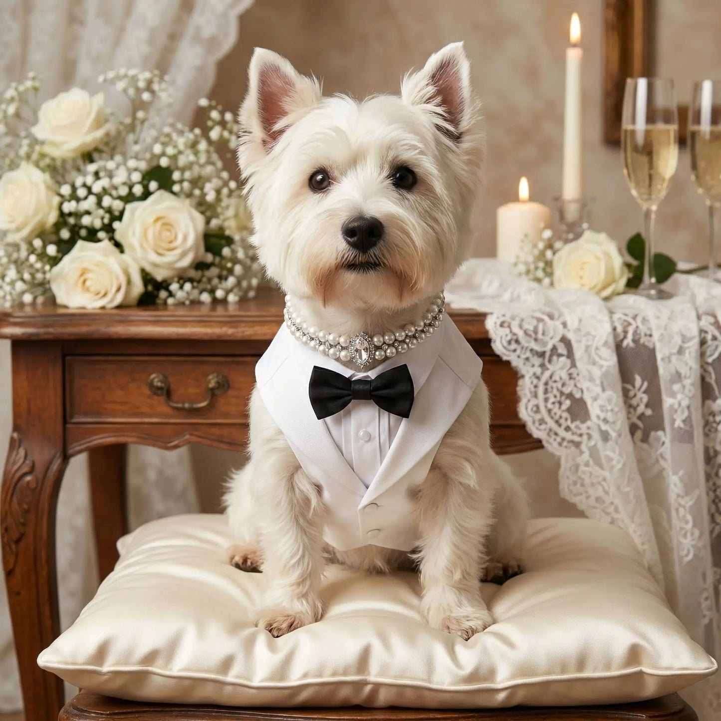 Un west highland avec un habit de mariage porte le collier de fantaisie pour petit chien aux perles blanches. 
