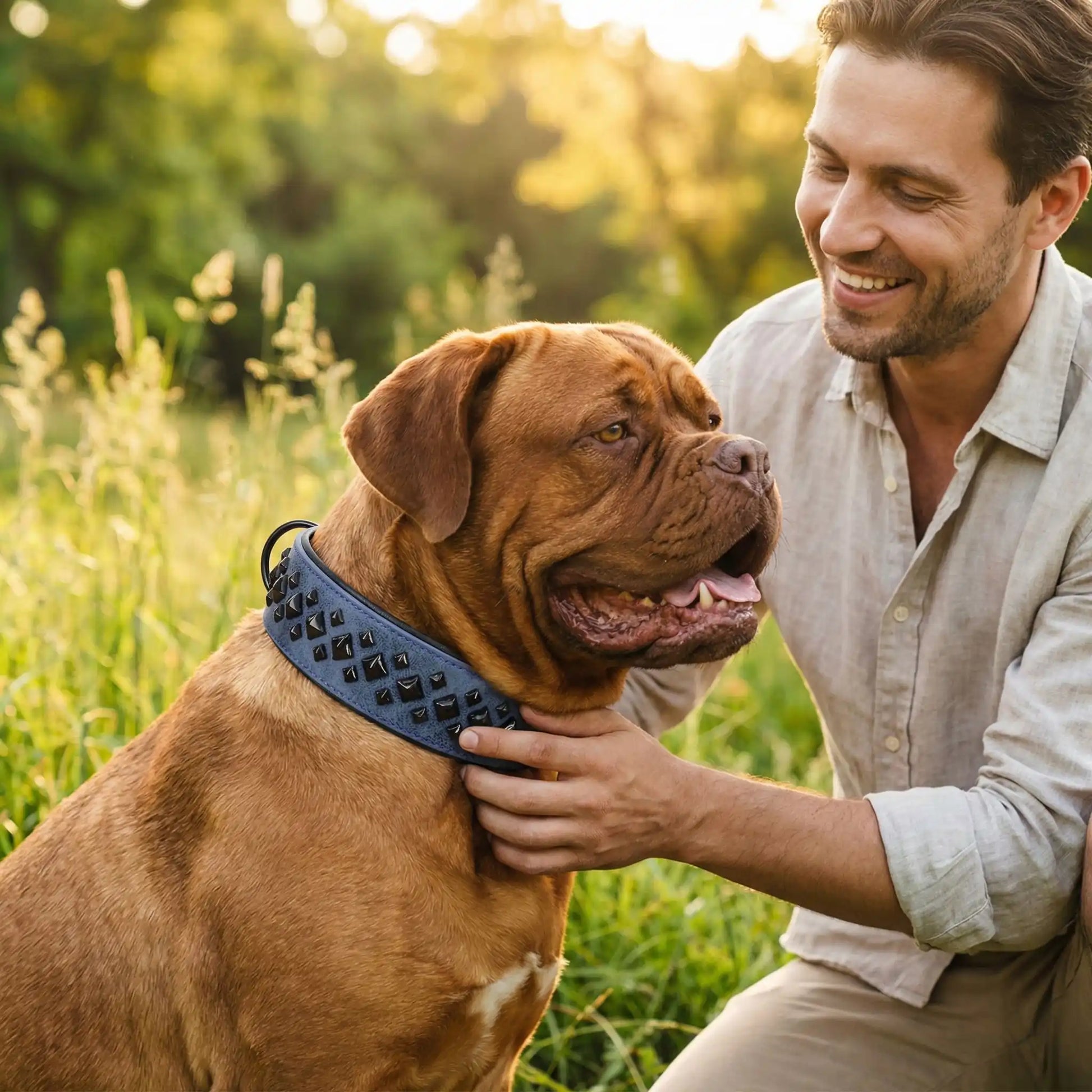 Un dogue de Bordeaux avec son maître et son collier gros chien.