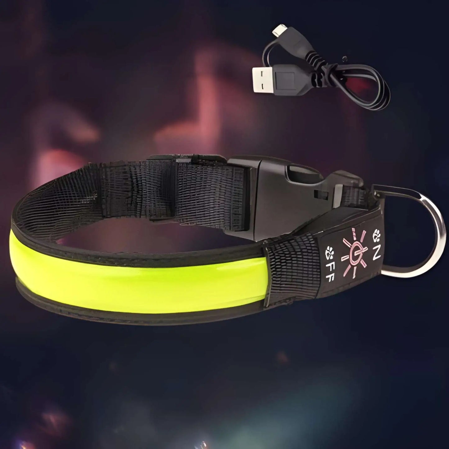 Un collier lumineux pour chien FlAsh de couleur jaune.
