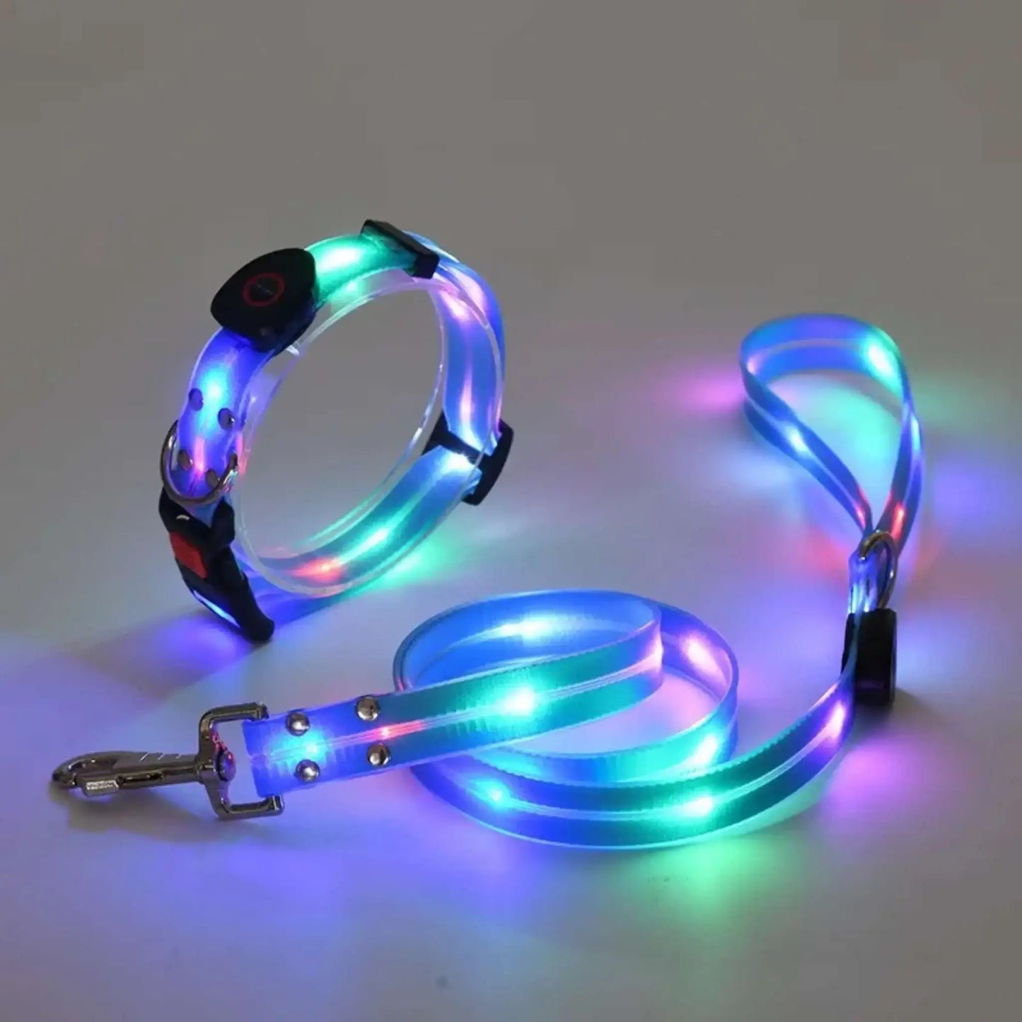 Une laisse et un collier lumineux pour chien bleu.