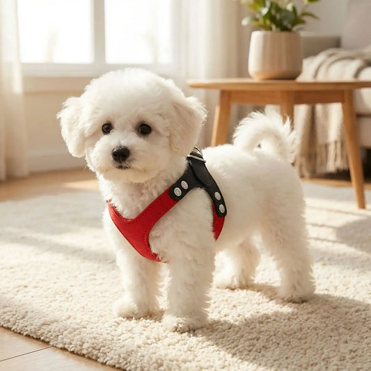 Un petit bichon frisé dans un salon avec son collier ou harnais pour chiot rouge.