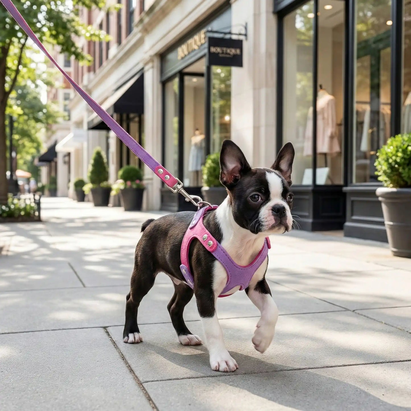 Un chiot boston terrier en laisse sur un trottoir en ville avec son collier ou harnais pour chiot violet.