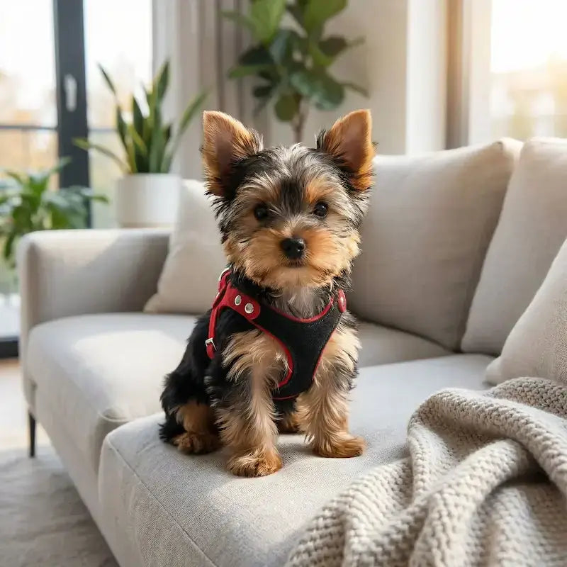 Un chiot Yorkshire assis sur un canapé avec son collier ou harnais pour chiot noir.