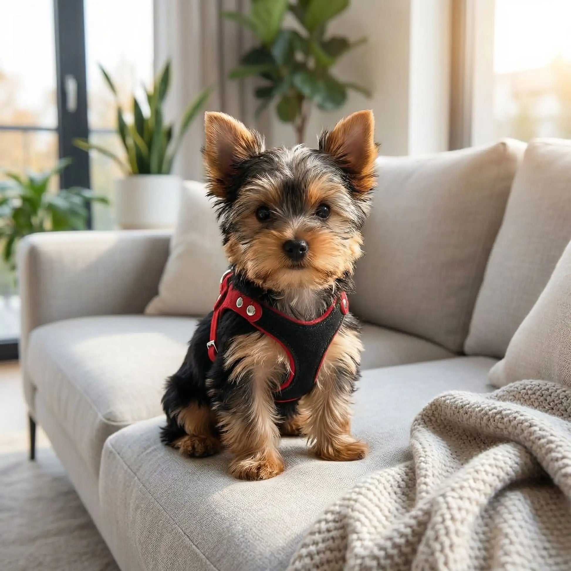 Un chiot Yorkshire assis sur un sofa avec son collier ou harnais pour chiot noir.